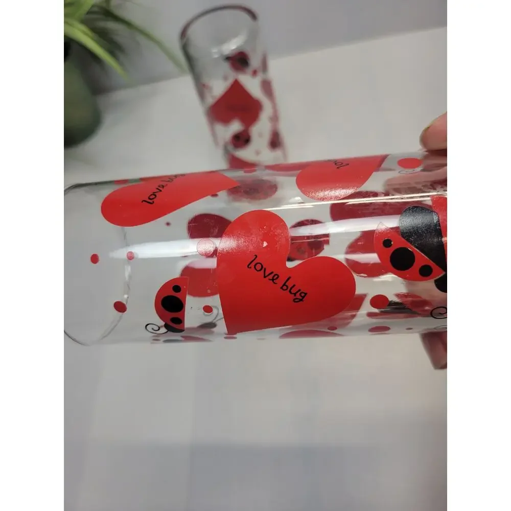 2 Vintage Anchor Hocking Love Bug Glasses Red Hearts Ladybug Tumbler Valentine